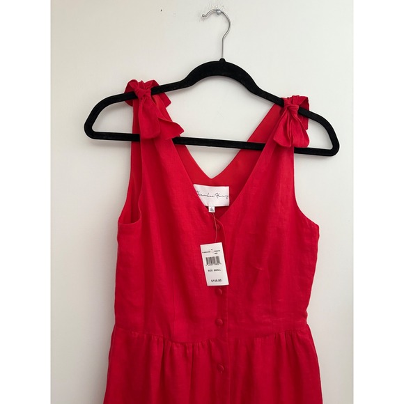 Charles Henry Red Linen Blend Midi Dress Size S NWT Sleeveless Tie Strap Pockets - Picture 3 of 10